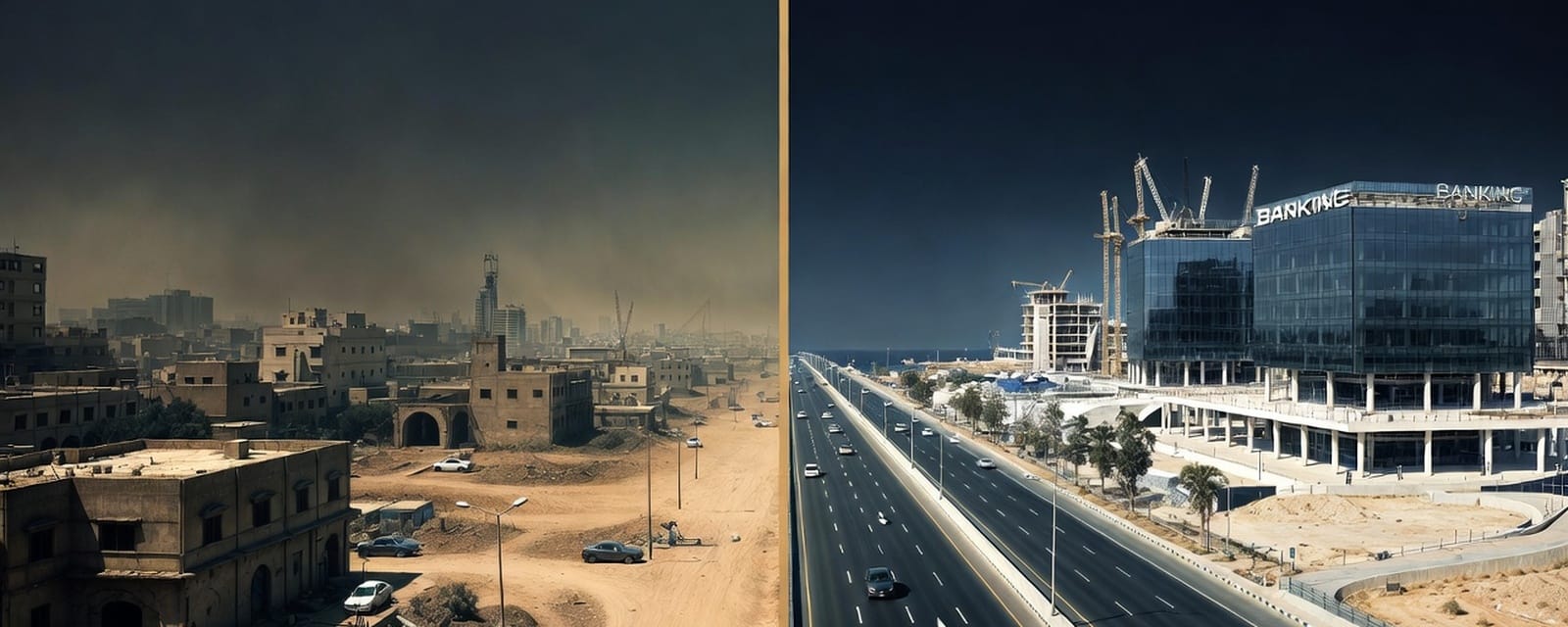 Split image comparing Iraq's program-rate era with its modern infrastructure development. Left side shows a dusty, faded Iraqi cityscape. Right side shows a modern highway, glass banking buildings, and construction cranes. Gold dividing line in the center.