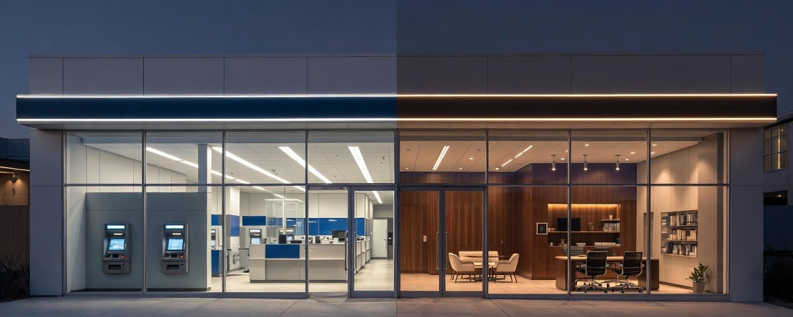 A single bank building in transition. The left half shows a traditional retail branch with glass frontage and ATMs. The right half of the same building has transformed into a private wealth office with dark wood panelling and private meeting rooms.