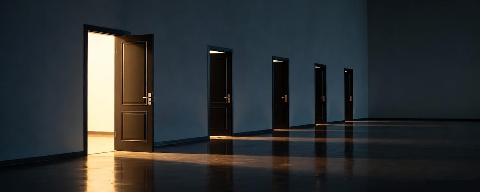 A dark corridor with five doors. The first door is open with golden light pouring through. The remaining four doors are closed with light visible underneath each one.