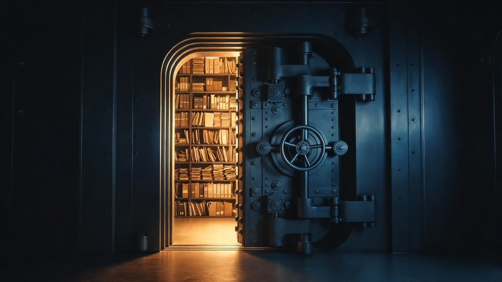 Open vault door revealing shelves of research documents and intelligence reports