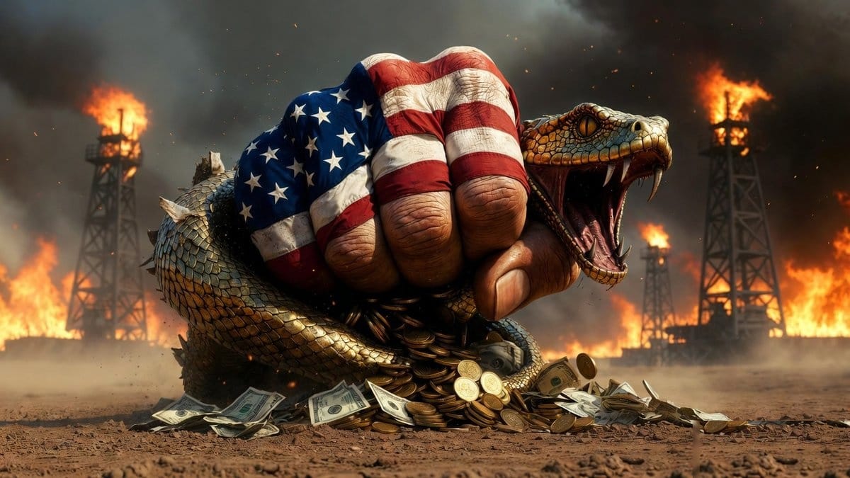 American flag fist crushing a golden snake over scattered coins and currency, oil derricks burning in the background