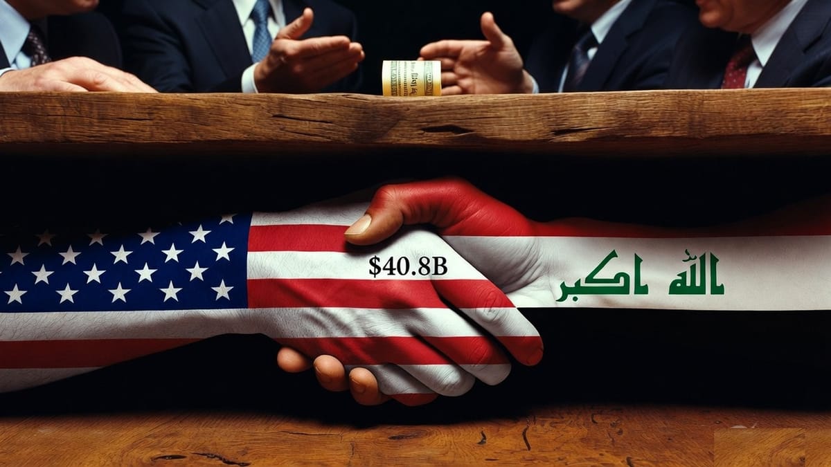 American and Iraqi flag-painted hands shaking underneath a table while officials argue above, with $40.8B visible on the handshake