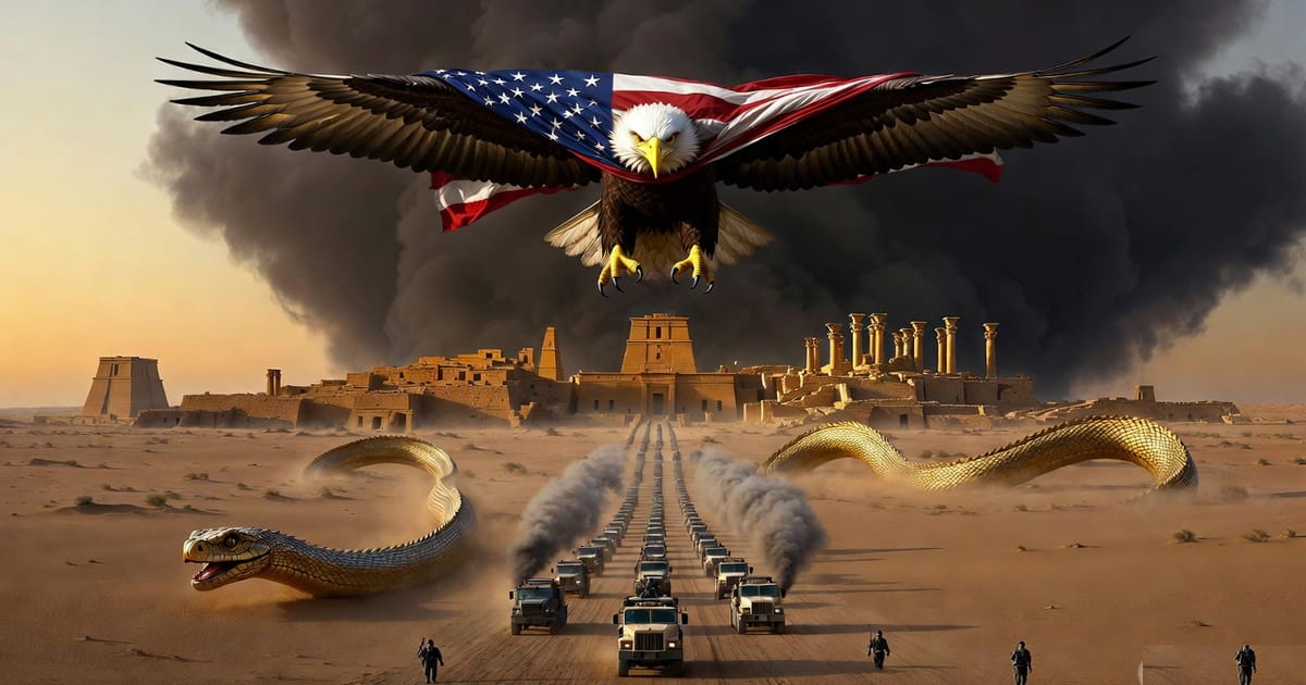 Golden serpents and militia convoy flee ancient Mesopotamian ruins as a flag-draped American eagle descends at dawn