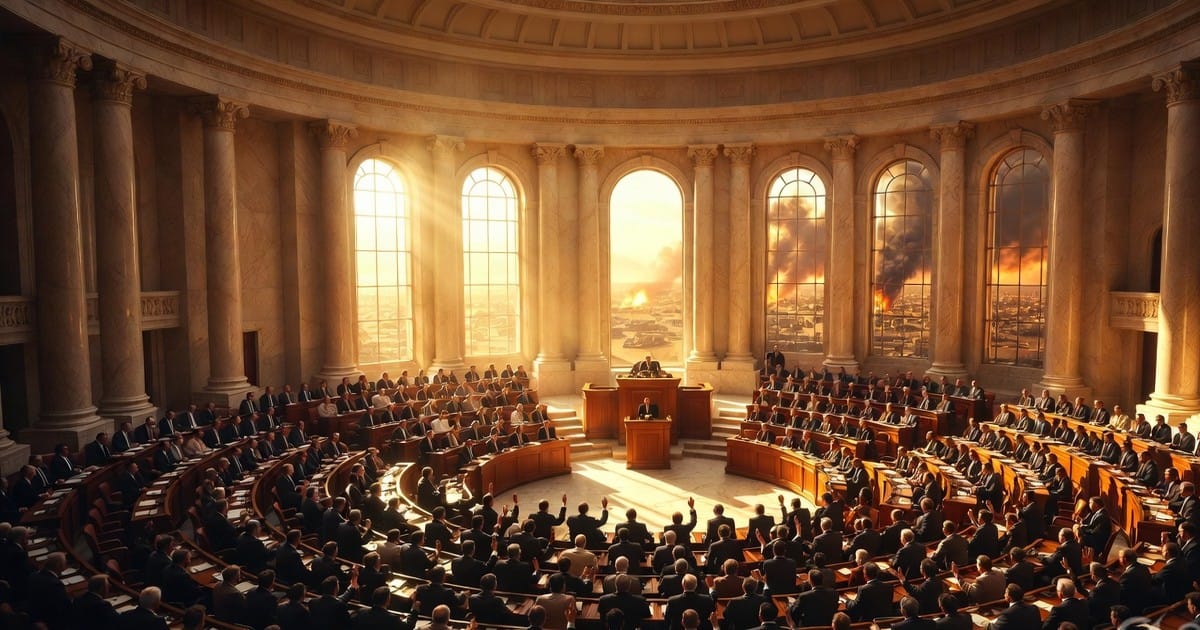 Iraqi parliament chamber in session with lawmakers voting while distant fires burn on the horizon through arched windows