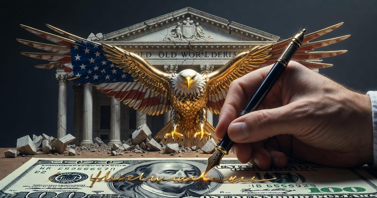Golden eagle rising over a $100 bill being signed with a fountain pen, old banking columns crumbling behind