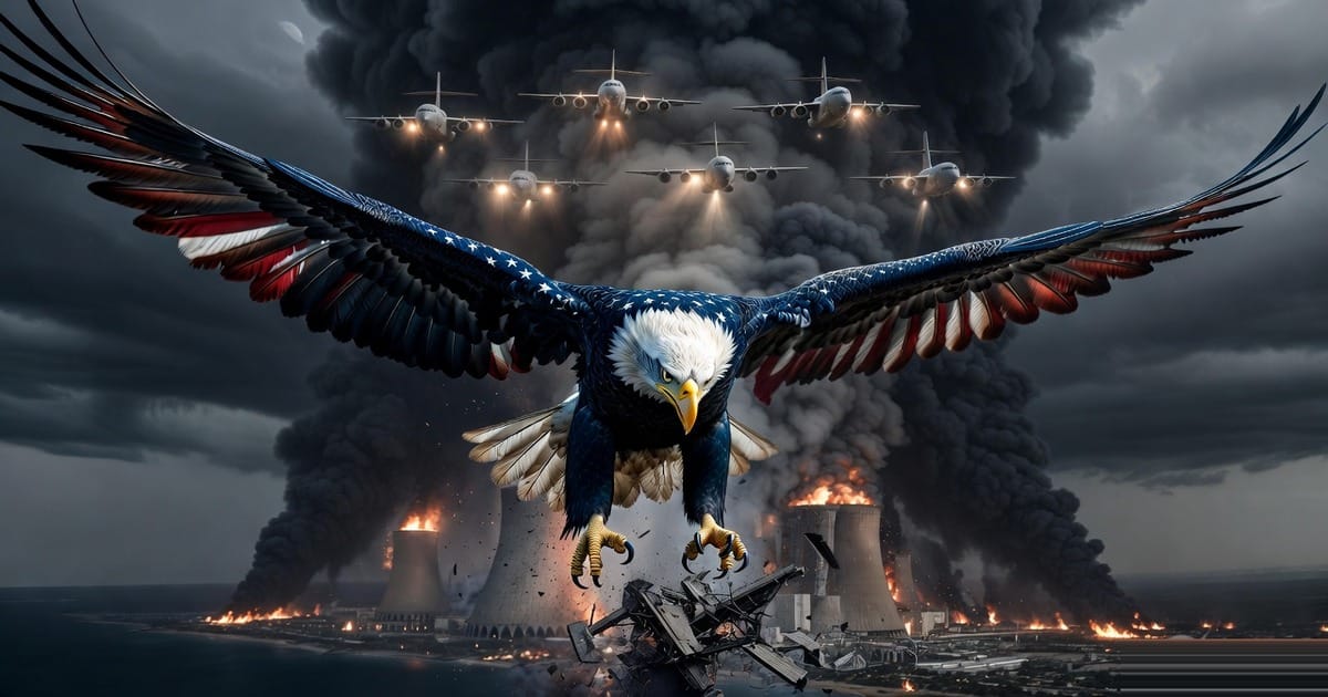 A massive American bald eagle wrapped in stars and stripes descending through black smoke onto crumbling power plant infrastructure, C-17 cargo planes in formation behind it