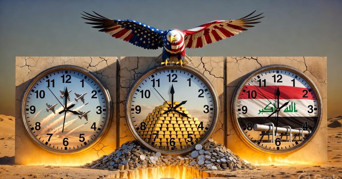 Three clocks converging on the same hour as an American eagle watches from above