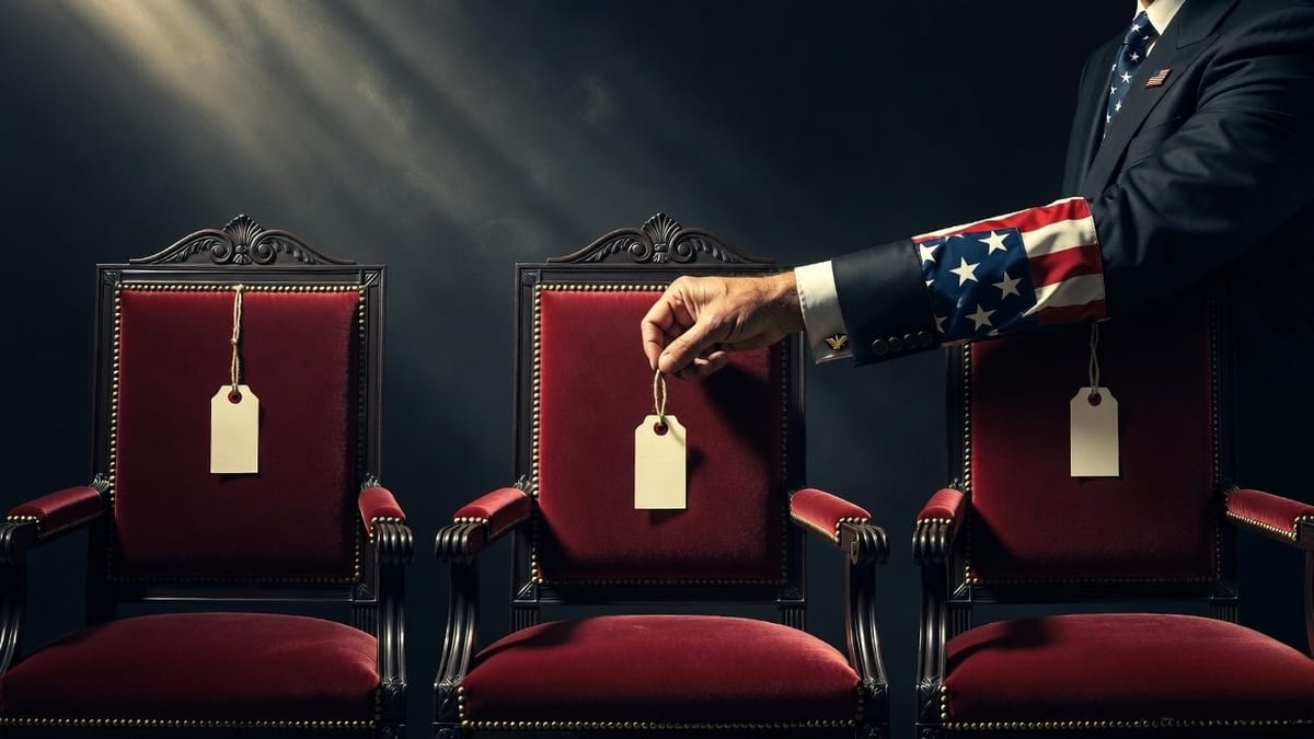 Three identical mahogany chairs of state in a dim chamber, a stars-and-stripes-cuffed hand fixing a blank manila price tag to the third chair, American flag behind.