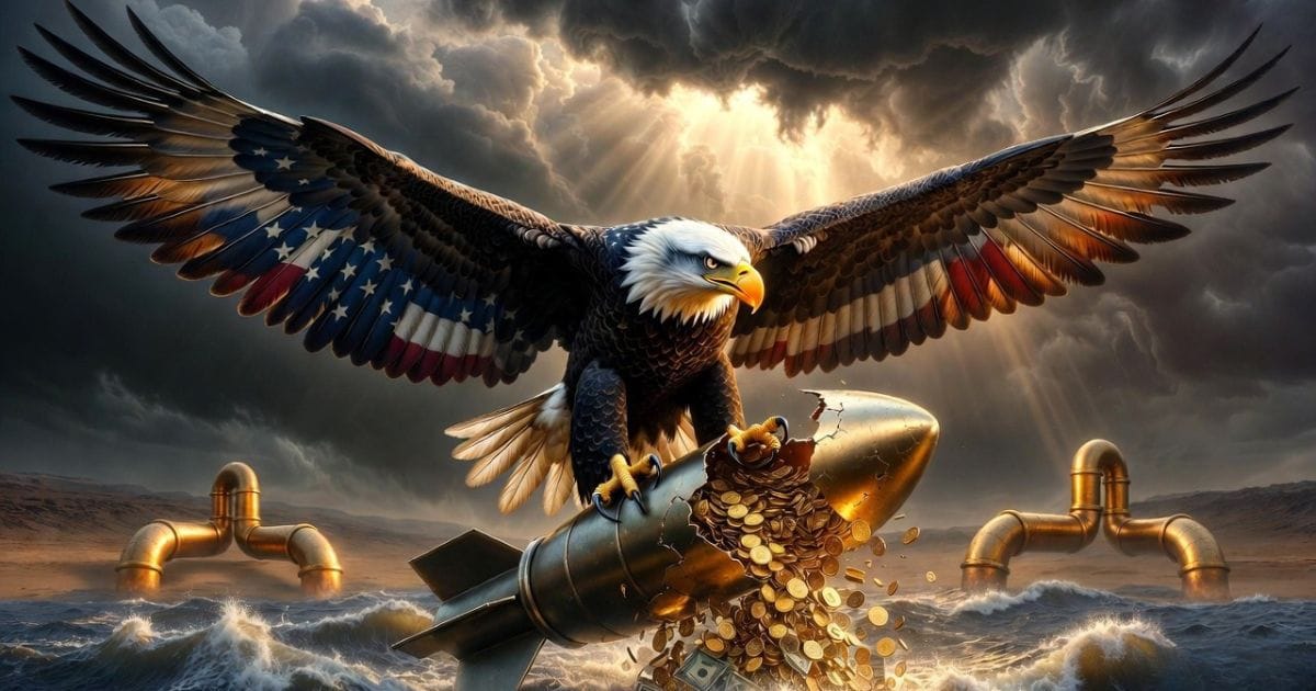 American eagle crushing nuclear warhead revealing gold coins, oil pipelines emerging from desert waters