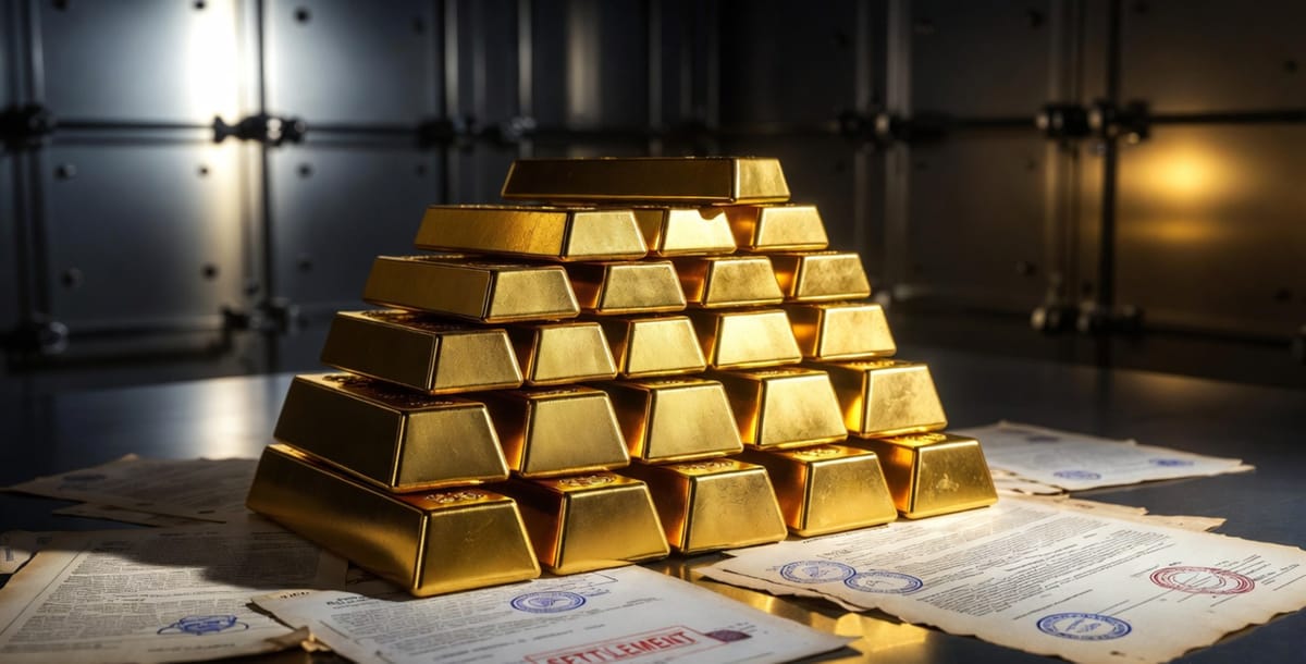 Gold bars stacked in a vault beside legal settlement documents