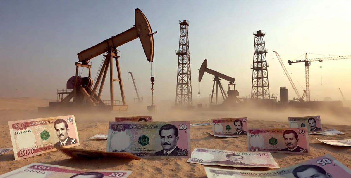 Iraqi dinar banknotes in desert sand with oil derricks and construction cranes