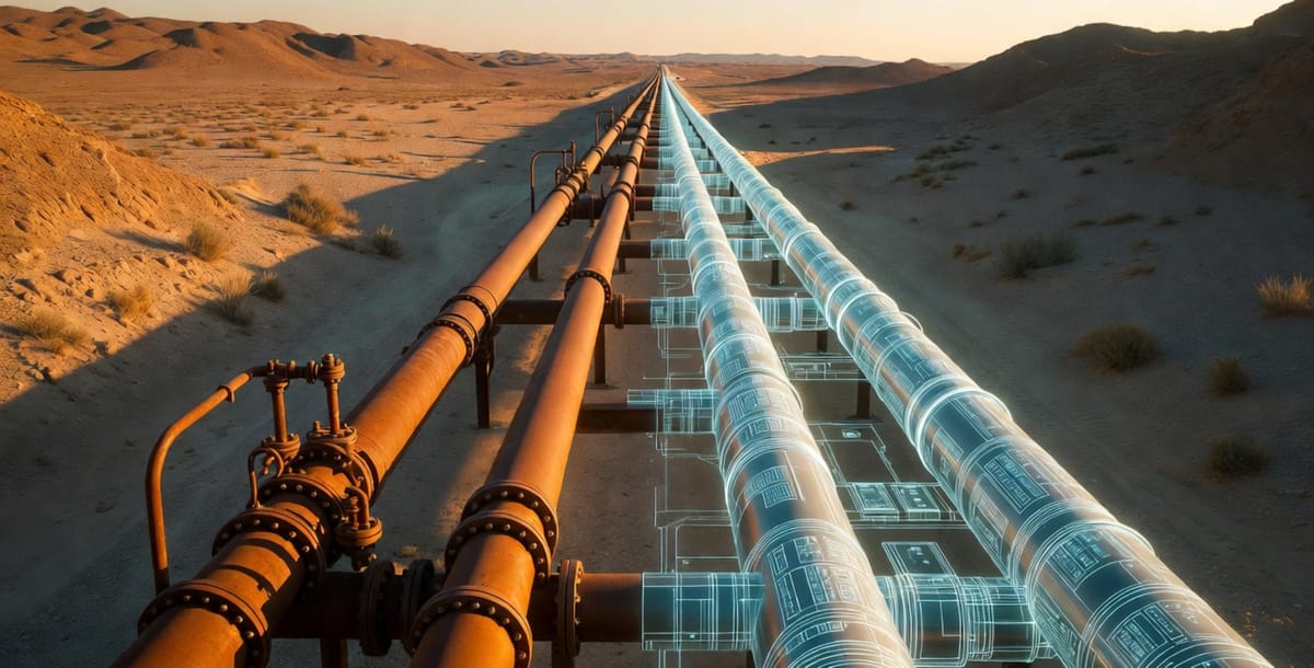 Oil pipelines stretching across a desert transitioning from traditional to digital infrastructure