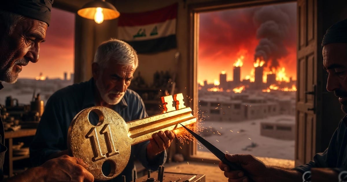 Iraqi craftsmen forge a golden key marked 11 while fires burn on the distant horizon