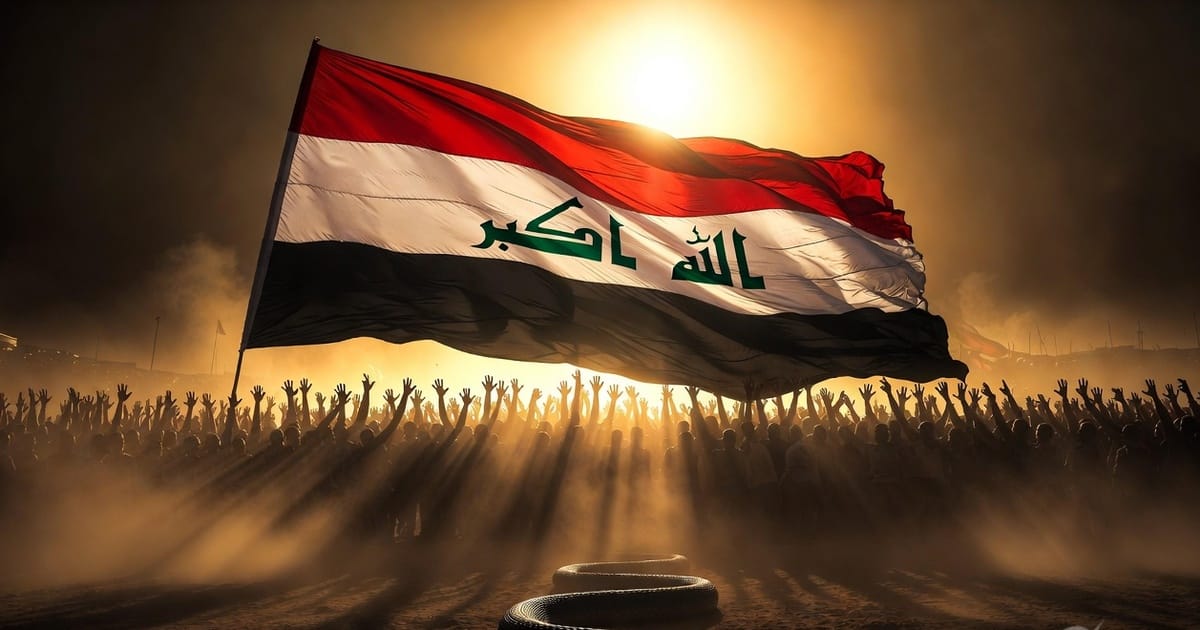 Hundreds of hands raise the Iraqi flag as a serpent retreats into shadow beneath them.