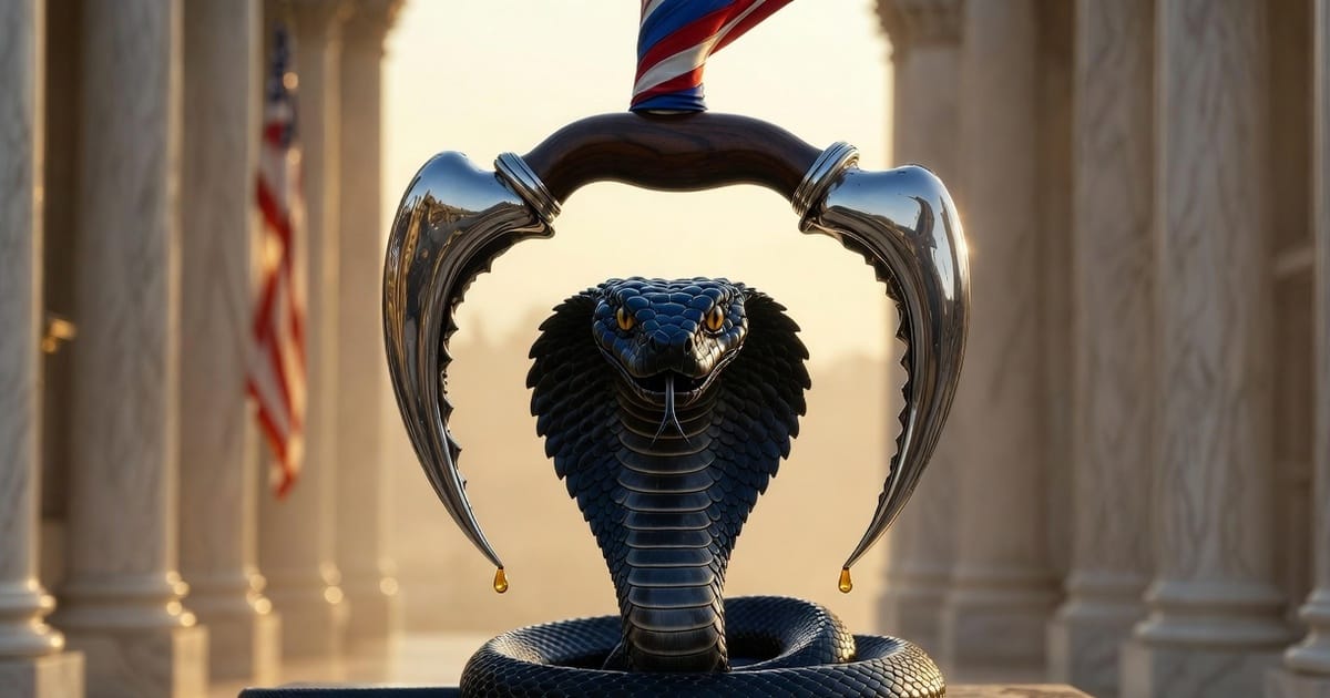 Silver pincers closing on a serpent's head at dawn, red-white-and-blue ribbon on the handle, marble hall.