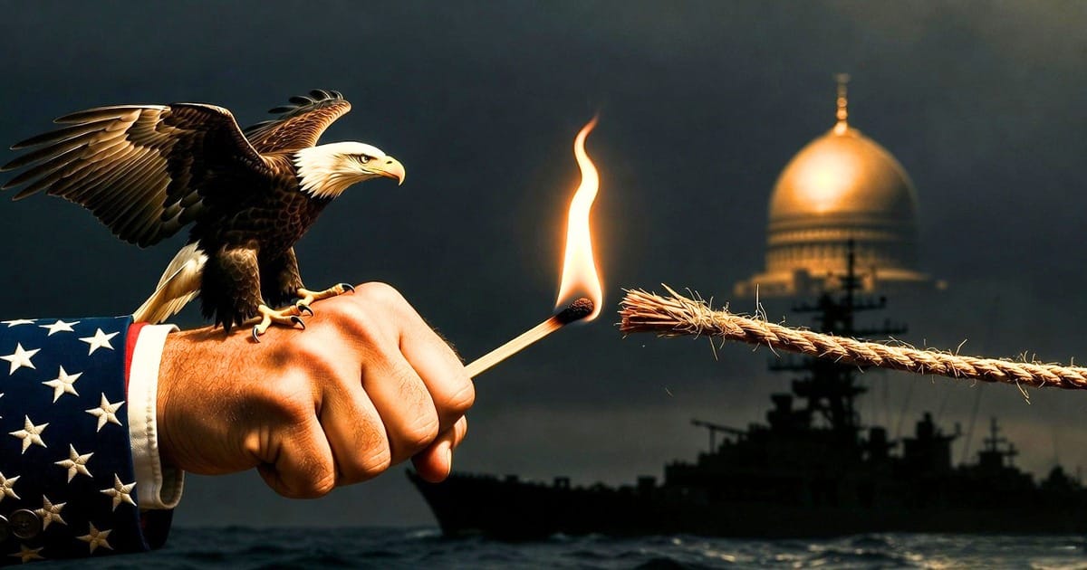 American hand lights a fuse leading to Iraq's golden parliament dome, eagle watching, warships behind.