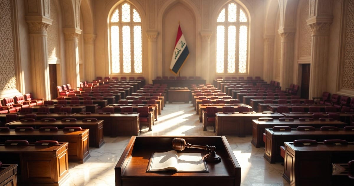 Empty Iraqi Council of Representatives chamber with a gavel and open document resting on the central desk.