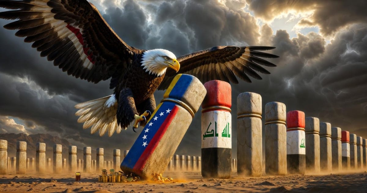 American eagle pushing the first domino in a sequence of oil-nation flags, Venezuela falling toward Iraq