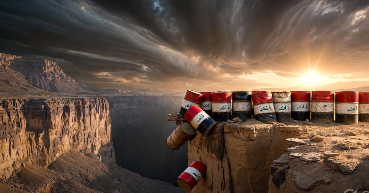  Iraqi oil barrels tipping off a desert cliff edge at golden hour