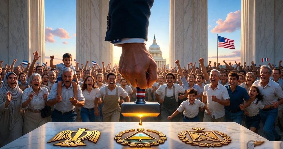 Stars-and-stripes-cuffed hand brands four regime crests; freed citizens celebrate behind at dawn, Capitol and flag beyond.