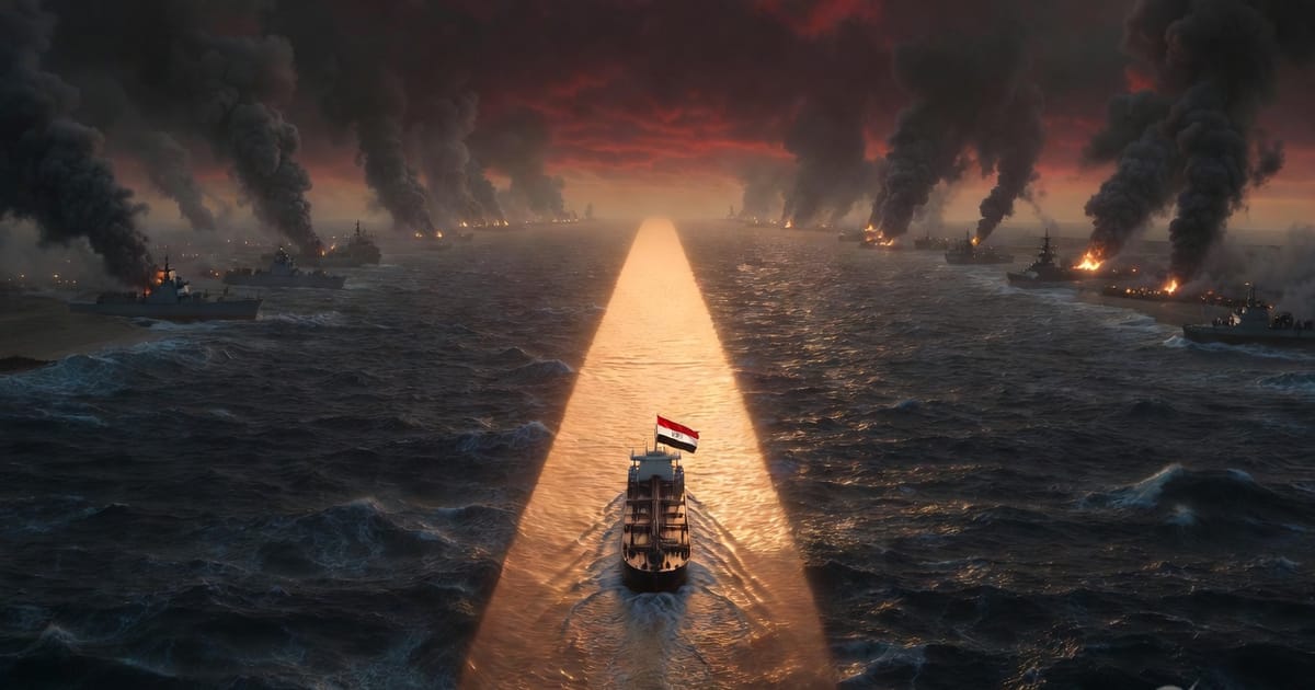 A single oil tanker passes through a calm golden corridor in a burning strait while warships exchange fire on both sides