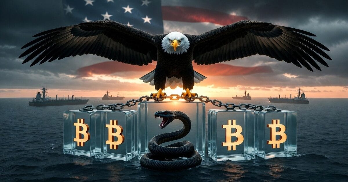 American eagle on blockchain blocks with trapped serpent and warships at Hormuz