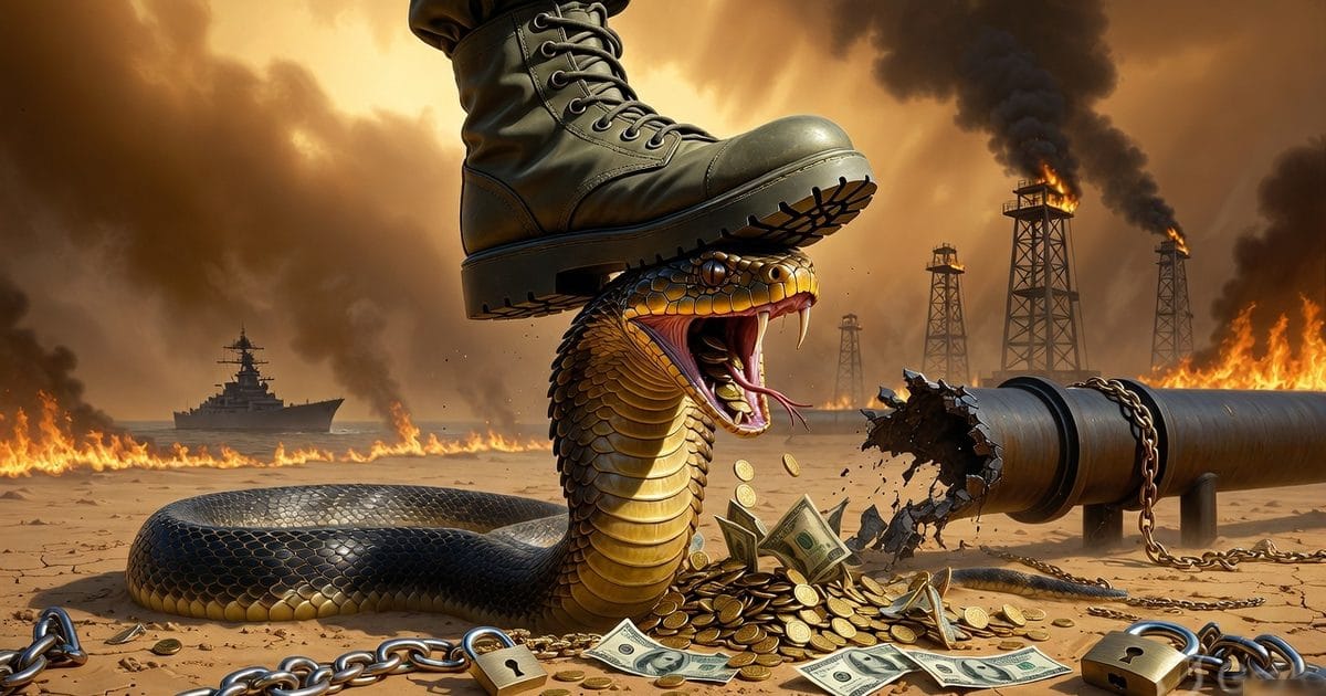 Military boot crushing a golden cobra's neck in a burning desert with a Navy destroyer and blazing oil derricks