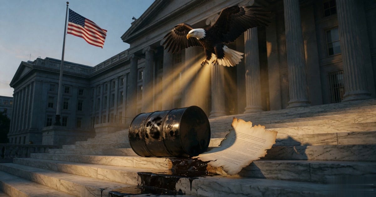 A black oil barrel tipped over on the US Treasury Department steps at dawn, torn parchment beside it, eagle landing above.