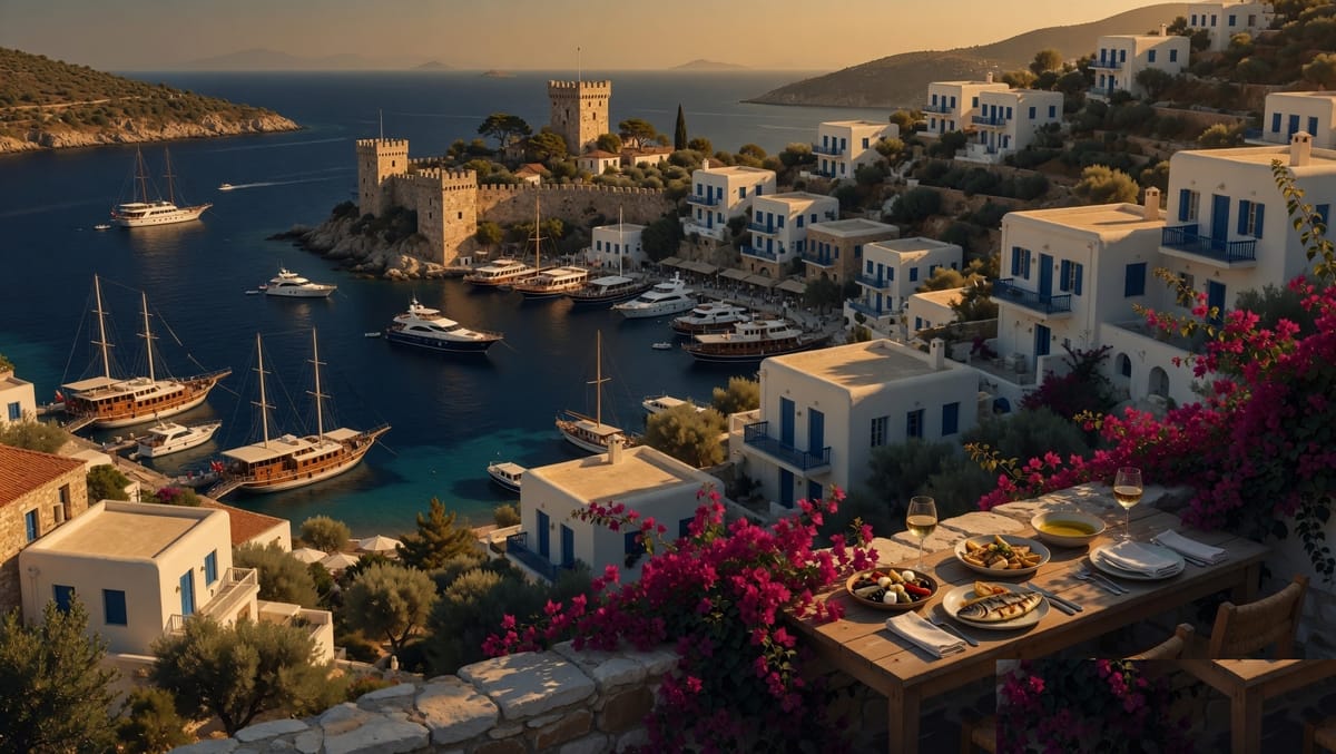 Turkish Mediterranean coastline at golden hour with whitewashed hillside villas, yachts in the bay, and a terrace lunch table set with mezze and wine.