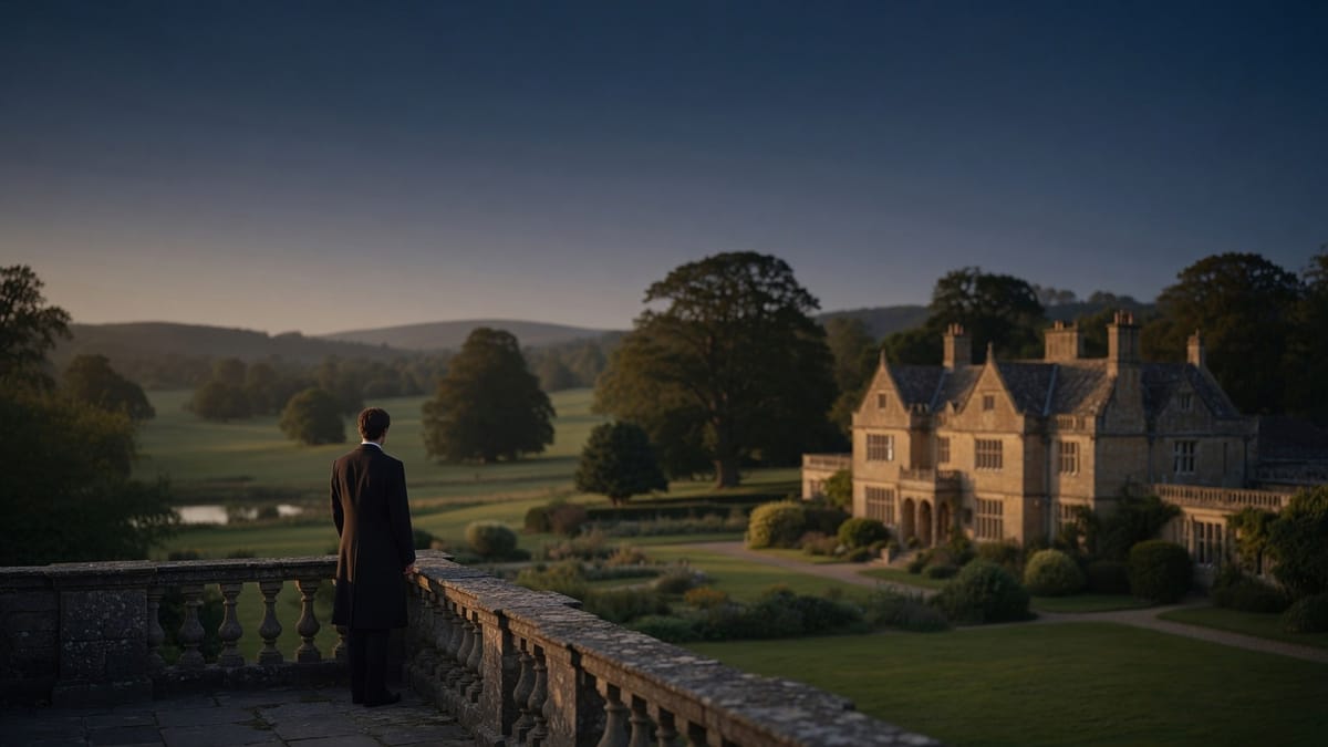 A lone figure in a dark coat on a stone terrace at dusk, overlooking a private country manor, its gardens and the hills beyond.