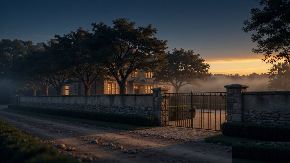 A secluded private estate at dusk behind a high wall and mature trees, warm light in the windows, conveying quiet wealth and privacy.