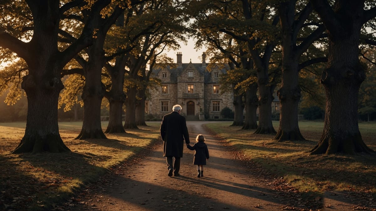 An elderly man and a young child walk away down a long avenue of mature trees toward a lit manor house at golden hour.