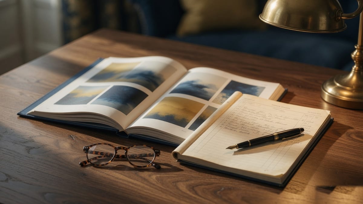 An open charity annual report and a pen resting on a warm wooden desk beside a small brass reading lamp.
