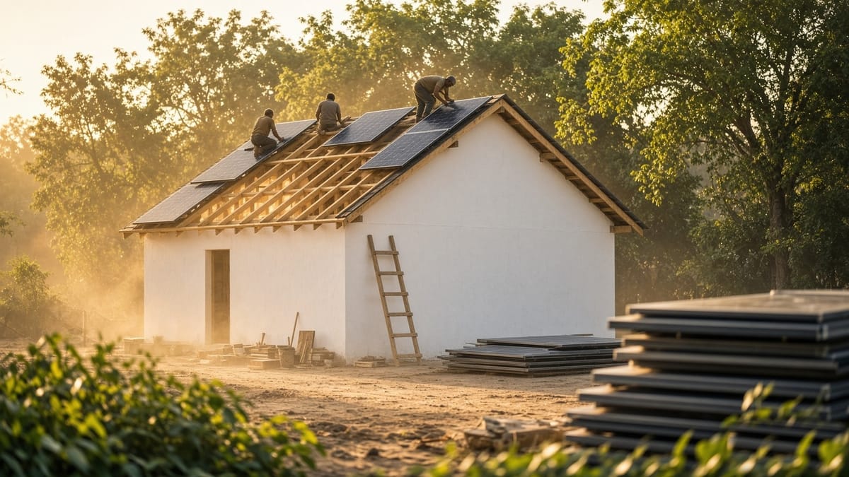 Workers installing solar panels on the roof of a newly built village school in warm early morning light