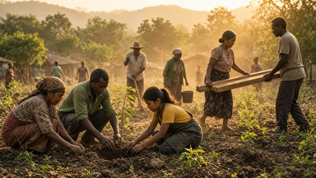 Community members and volunteers working together on a shared rural project at golden hour, carrying materials side by side.