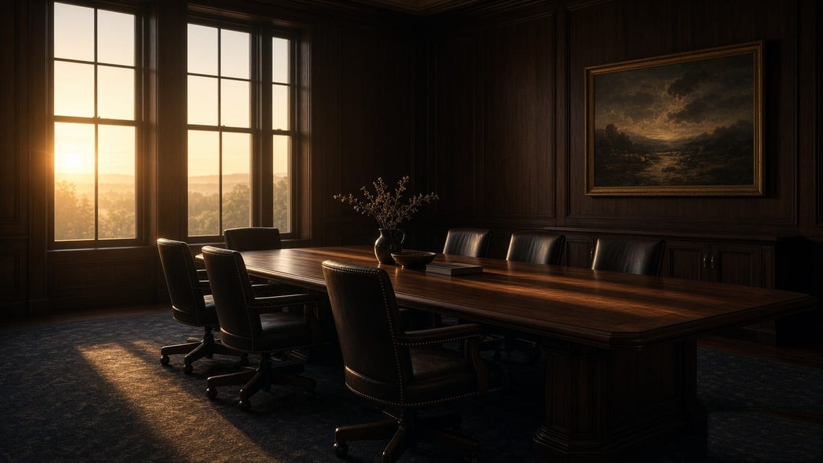 An empty boardroom at dawn with one chair pulled back from the long table in warm gold light.