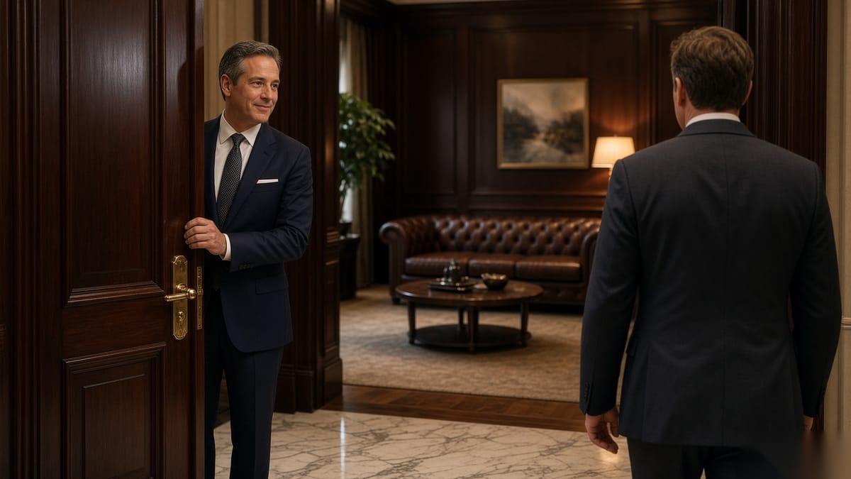 A private banker holds open a wooden door, welcoming a client into a warm, quiet meeting room inside a private bank.