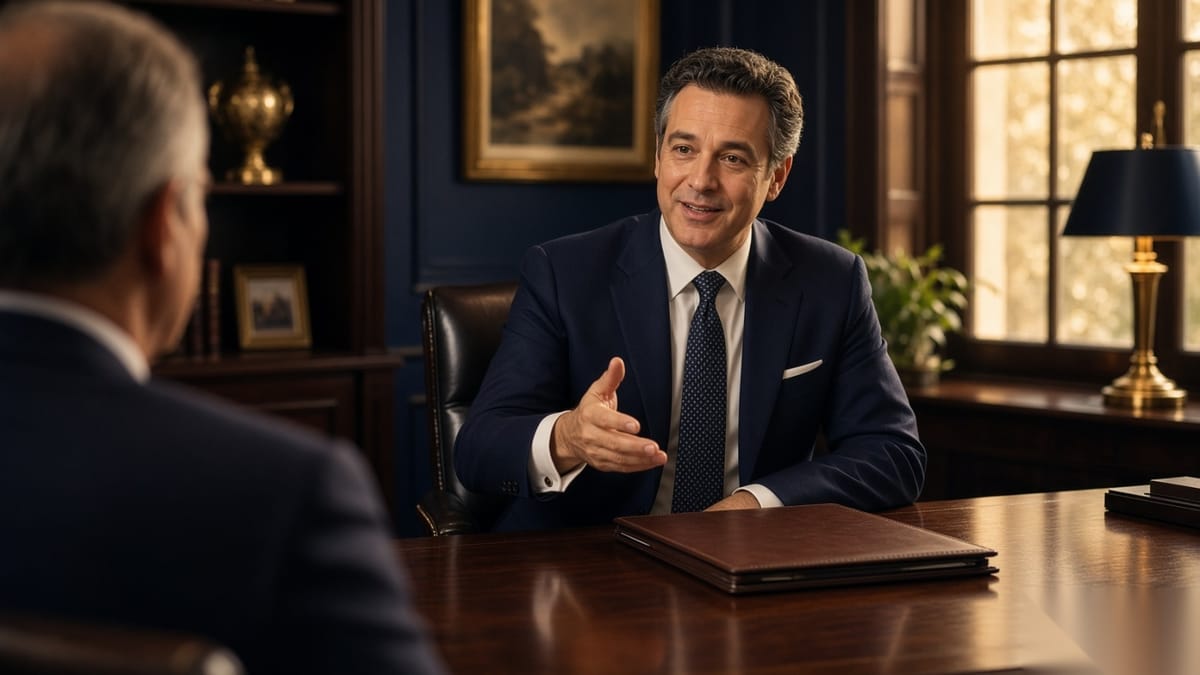 A private banker in conversation with a client across a polished desk, a single leather folder resting between them.