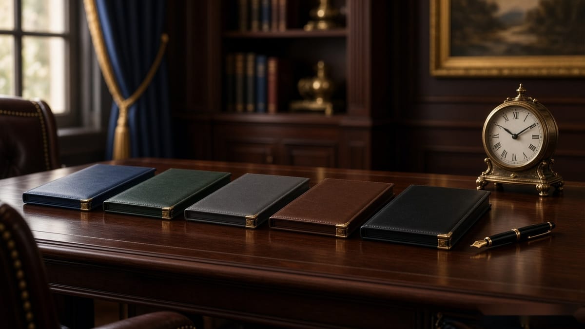 A row of document folders arranged in sequence on a private banker's desk beside a fountain pen and a small brass clock.