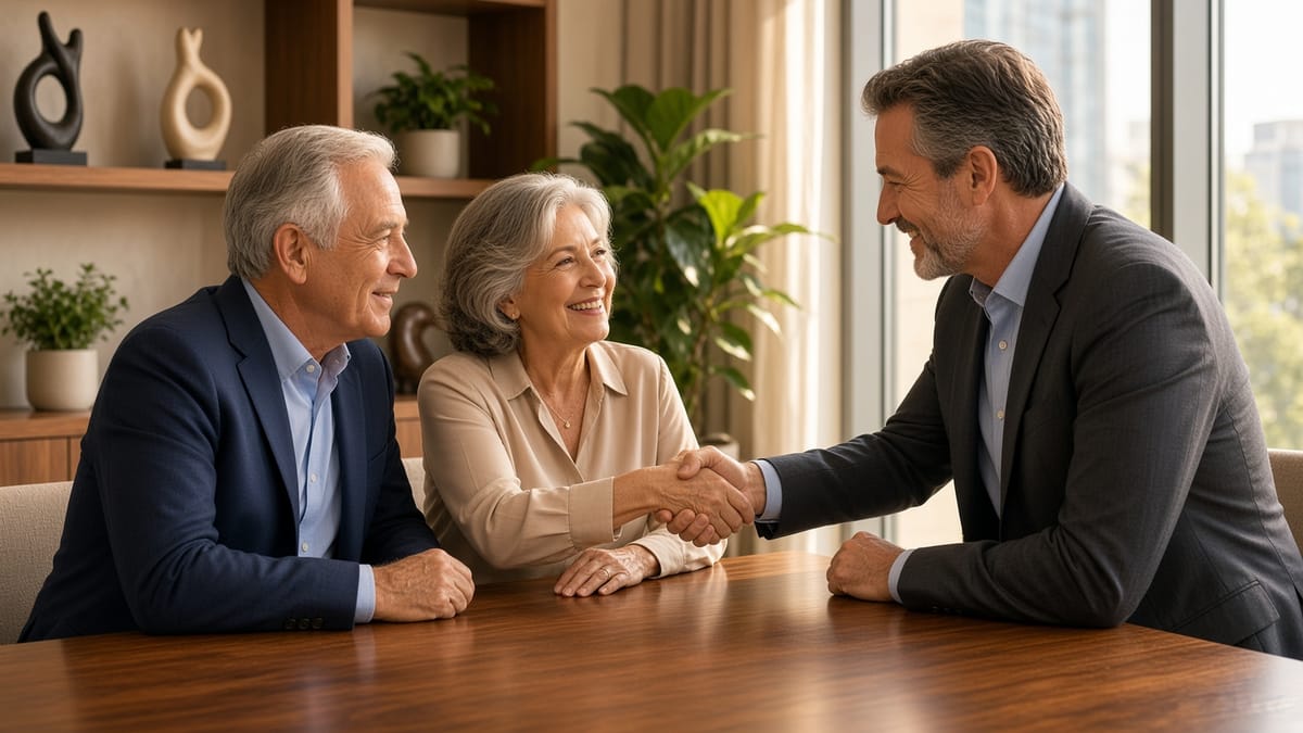 A couple at a desk with a smiling private banker, who shakes the wife’s hand in a bright office with warm afternoon light.