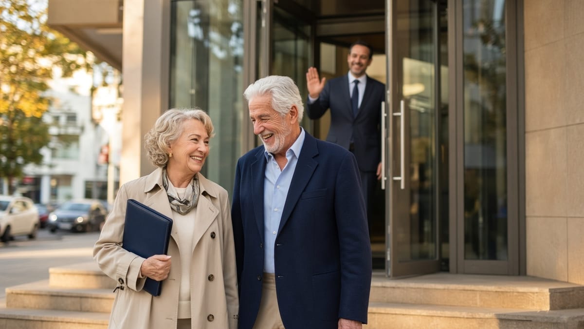 A smiling couple in their sixties leave a bank into afternoon sun, a navy folder in her hand, as their banker waves goodbye.