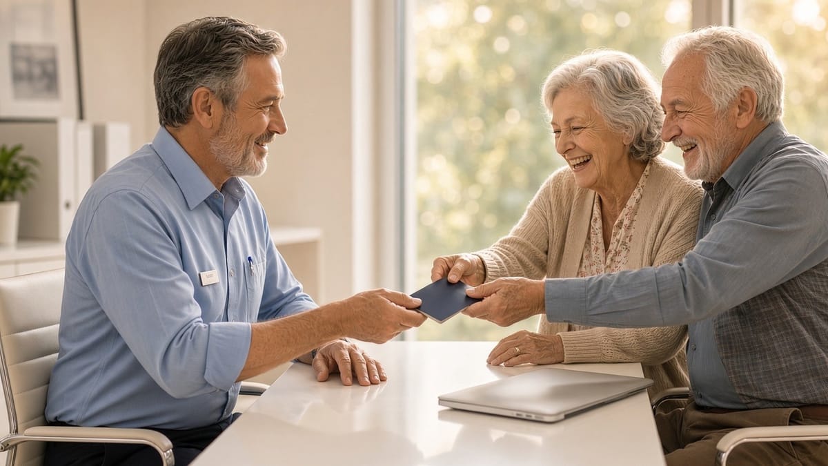 A laughing couple in their sixties hand a passport across a clean desk to a smiling bank officer.