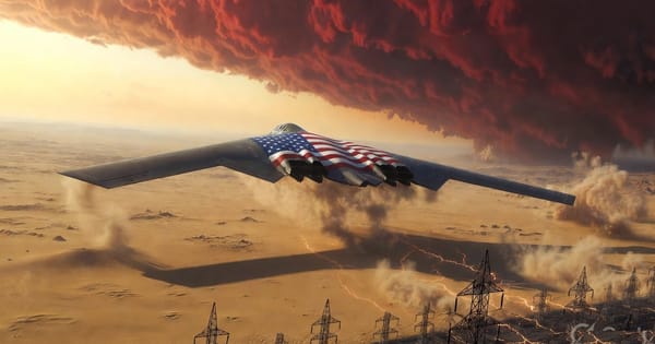 American B-2 stealth bomber with US flag livery flying over collapsing power grid in desert