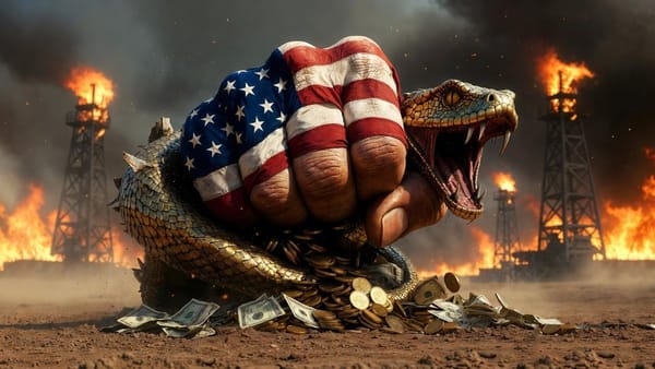 American flag fist crushing a golden snake over scattered coins and currency, oil derricks burning in the background