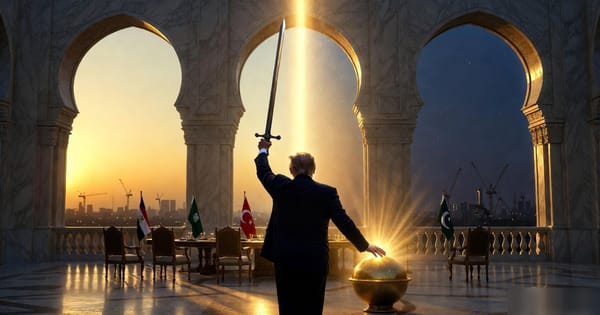 Silhouette raising a ceremonial sword, golden orb glowing beside him, four national flags at a diplomatic table, construction cranes through palace archways at dawn