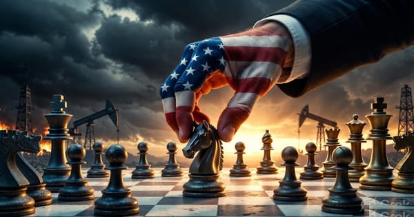 An American flag-painted hand moves a knight on a stone chessboard in a zugzwang position, cracked opposing pieces nearly trapped, burning oil fields behind, golden sunrise ahead