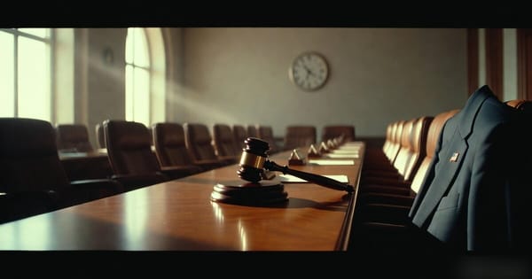 Empty Baghdad parliament room at dawn, untouched gavel on the table, wall clock, small American flag pin on a chair.