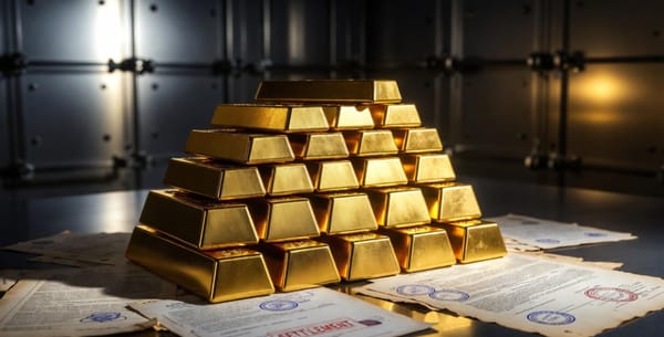 Gold bars stacked in a vault beside legal settlement documents