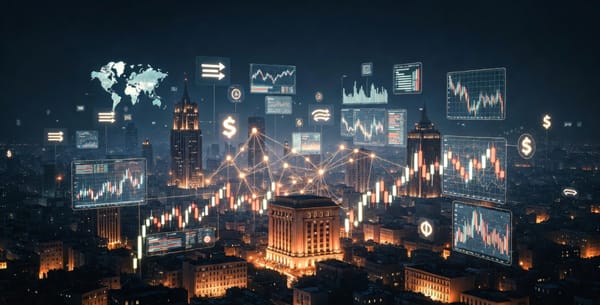 Middle Eastern cityscape at night with financial data streams and banking network connections