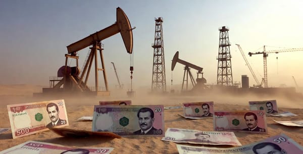 Iraqi dinar banknotes in desert sand with oil derricks and construction cranes